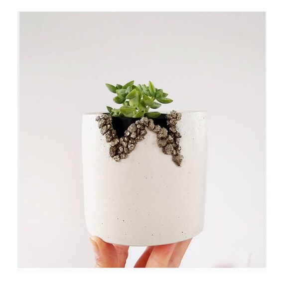 White Concrete & Pyrite Planter/Modern Planter/Industrial/Office Planter/Succulent Planter/ Indoor Planter/gem stone/Minimalist/drusy agate