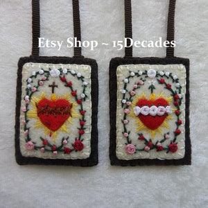 Hand Embroidered Brown Scapular; Sacred Heart of Jesus/Immaculate Heart of Mary, Floral Rosary Mysteries Embellishment.  MADE TO ORDER