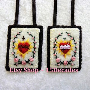 Sacred Heart of Jesus & Immaculate Heart of Mary - Hand Embroidered Brown Scapular - MADE TO ORDER