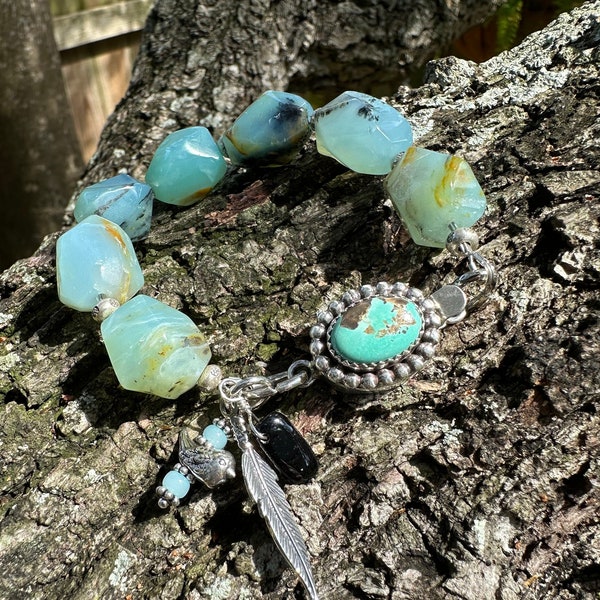Blue Peruvian Opal Bracelet, Artisan Jewelry, Chunky Bohemian Stacking Bracelet, JacosJewelry, Free Shipping in US