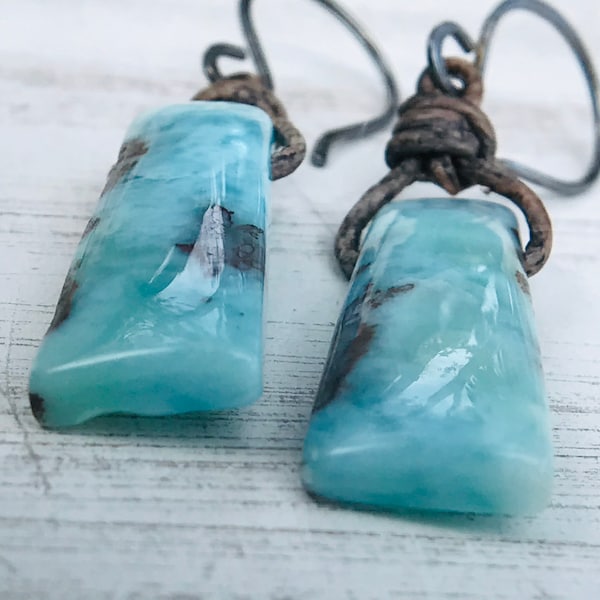 Larimar and Leather Earrings, Boho Earrings, Handmade Jewelry, JacosJewelry, Free Shipping in US