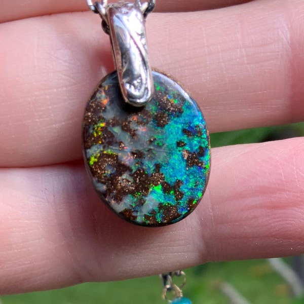 Australian Bolder Opal and Ethiopian Welo Opal Boho Necklace, October Birthstone , Mixed Metal, JacosJewelry, Free Shipping in US