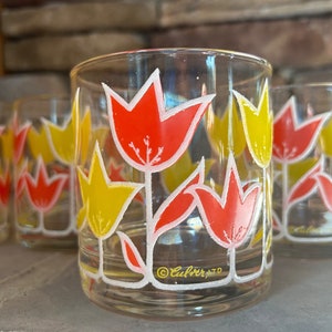 Vintage Culver Glass Tulip Old Fashioned Glasses, Set of Four; Culver Glassware; Vintage Barware; Culver Glass Tulips; Culver Flower Glass