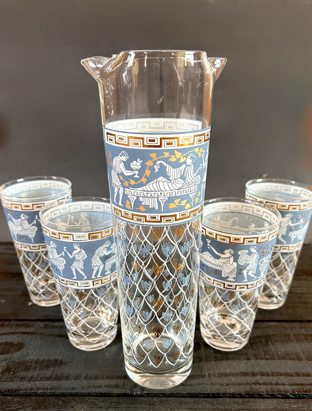 Vintage Cera Glass Etruscan Frieze Highball Glasses 4 and Long Tall Martini Pitcher Vintage