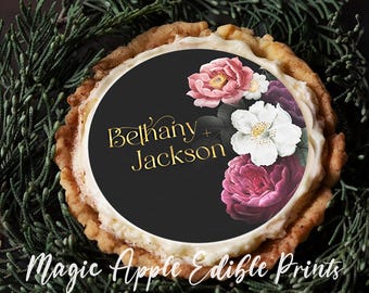 Dark Floral Wedding Edible Prints: Gold Effect Lettering Cupcake & Cookie Toppers