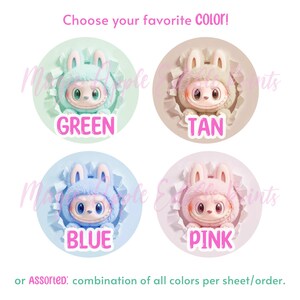 May include: Four colorful cartoon characters in bunny-like outfits, each emerging from a circular background. The colors are green, tan, blue, and pink, with the text "GREEN", "TAN", "BLUE", and "PINK" below each character. The text "Choose your favorite COLOR!" is at the top.
