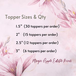 May include: A pink and white floral design background with text that reads "Topper Sizes & Qty". The text lists topper sizes of 1.5", 2", 2.5", and 3", with the quantity per order. The text "Magic Apple Edible Prints" is also present.