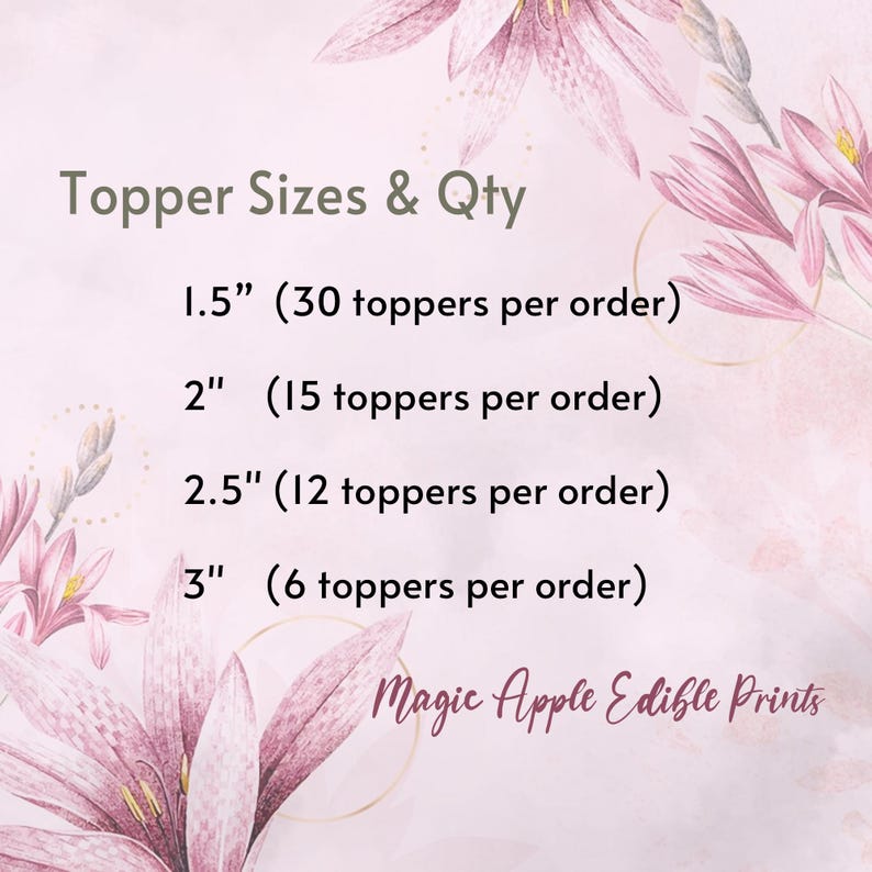 May include: A pink and white floral design background with text that reads "Topper Sizes & Qty". The text lists topper sizes of 1.5", 2", 2.5", and 3", with the quantity per order. The text "Magic Apple Edible Prints" is also present.