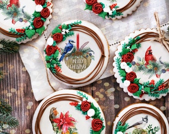 Christmas Birds Edible Sugar Cupcake Toppers: Holiday Cocoa Prints