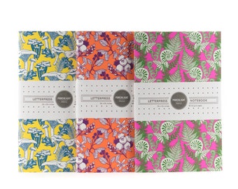 Set of 3 Pocket Letterpress Notebooks - Fern/Mushroom/Berry - Foraging Series