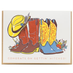 Félicitations, bottes de cowboy pour mariage, carte de voeux typo