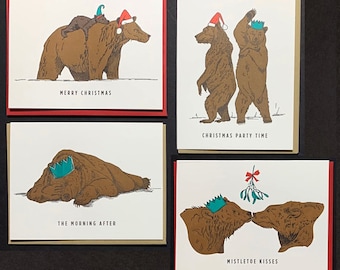 Biglietti di auguri natalizi con stampa tipografica di orso grizzly