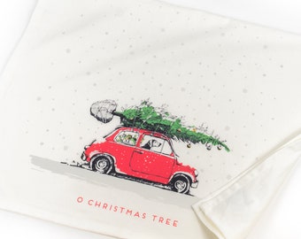 Tea Towel - Dog in Vintage Fiat Holiday_O Christmas Tree