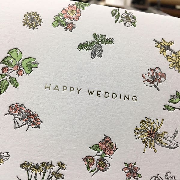 Happy Wedding Floral Letterpress Greeting Card