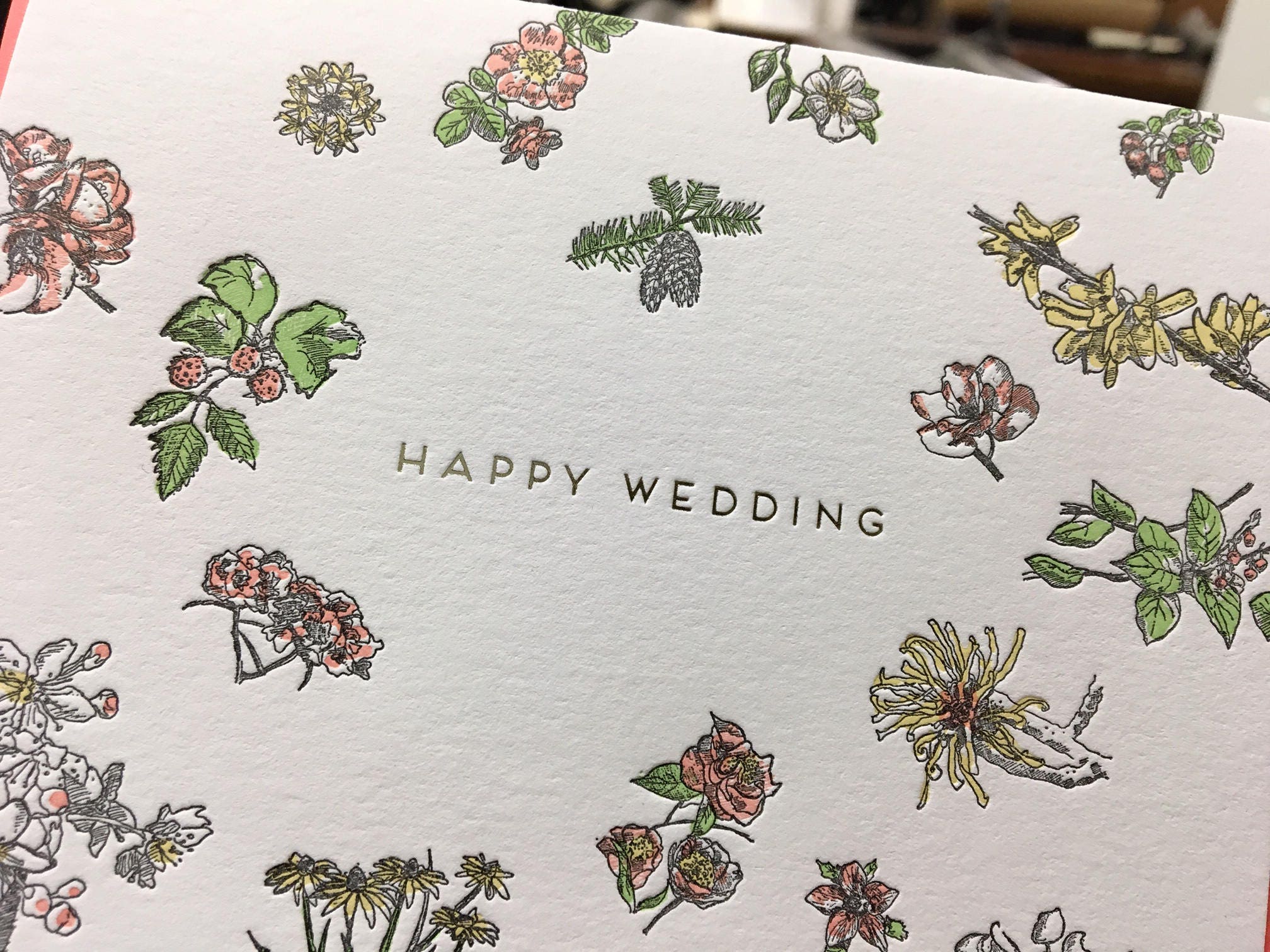 Happy Wedding Floral Letterpress Greeting Card