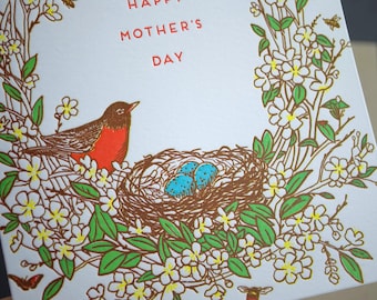 Happy Mother's Day Robin Bird Letterpress wenskaart