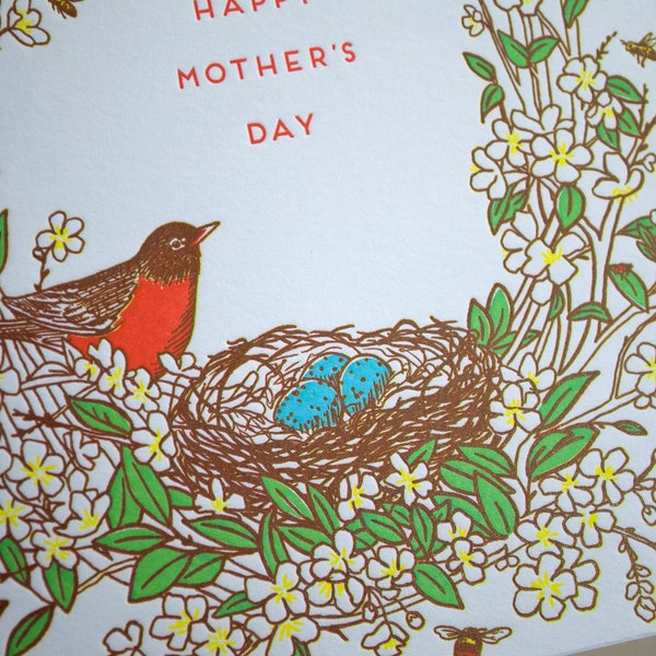 Happy Mother's Day Robin Bird Letterpress Greeting Card