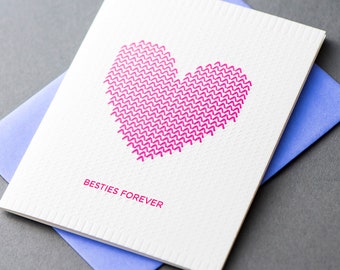 Besties Forever Knitted Heart Letterpress Card