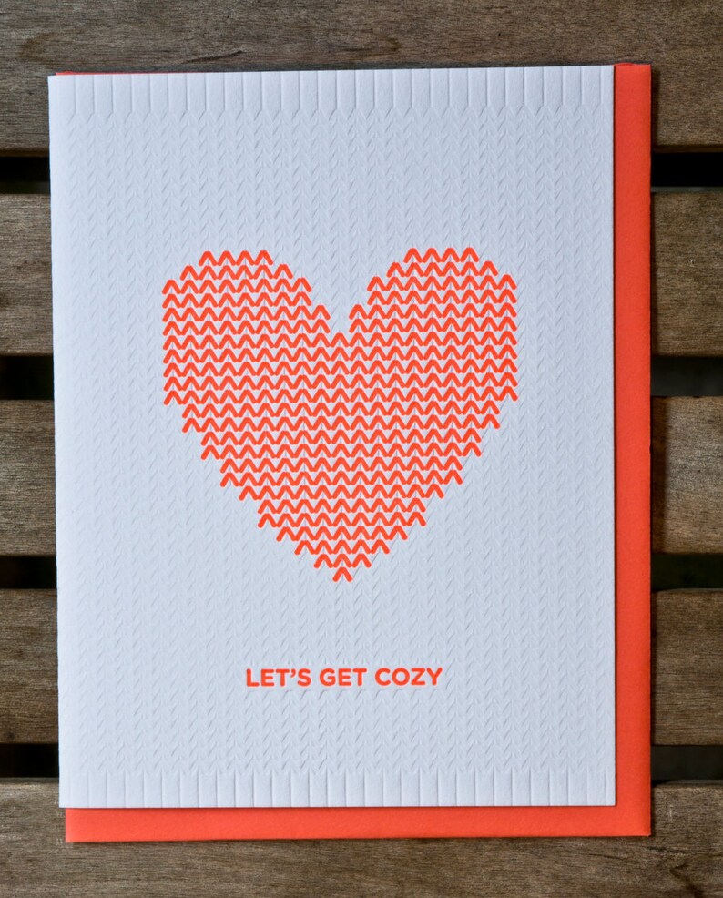 Let's Get Cozy Knitted Heart Letterpress Card image 2