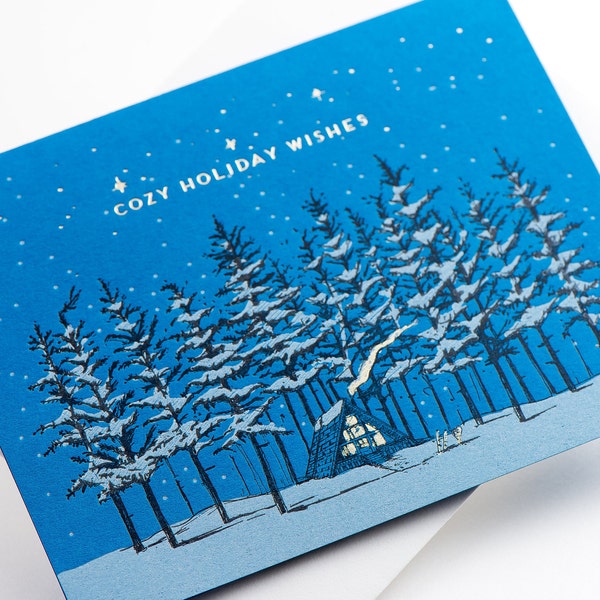 Cosy Holiday Wishes A-Rahmen Cabin Letterpress Holiday Card