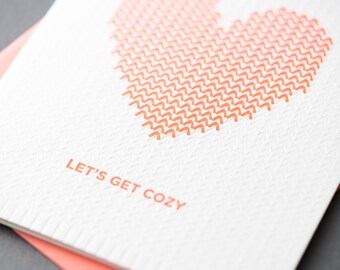 Let's Get Cozy Knitted Heart Letterpress Card