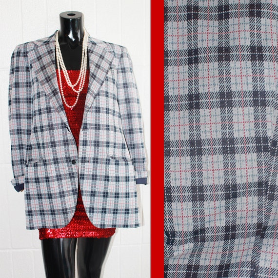 Vintage Men's Gray, Navy, and Red Plaid Blazer