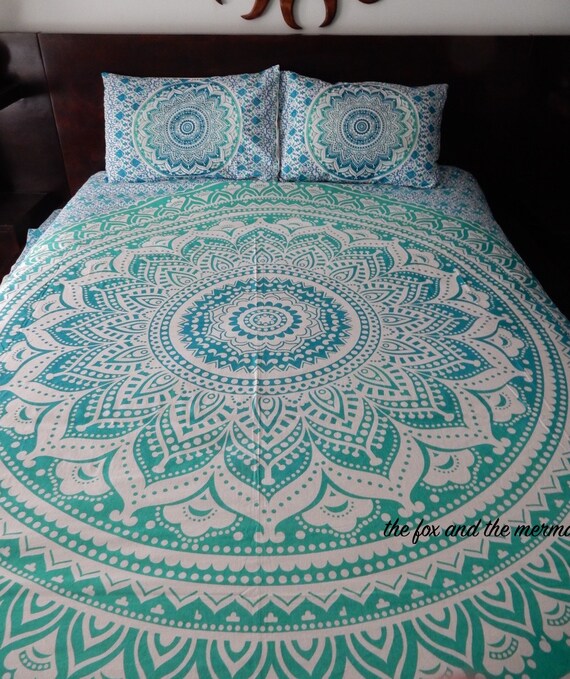 Green Ombre Mandala Tapestry Duvet Cover And Pillowcases Etsy