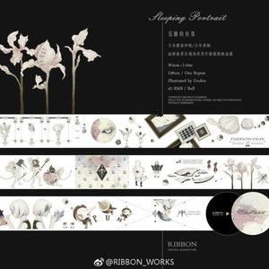 May include: A roll of washi tape featuring a variety of illustrations, including a sleeping portrait, a heart, a skull, a bird, a flower, and a geometric pattern. The tape is 4.8 cm wide and 101.6 cm long. The text "Sleeping Portrait" and "@RIBBON_WORKS" are also visible on the tape.