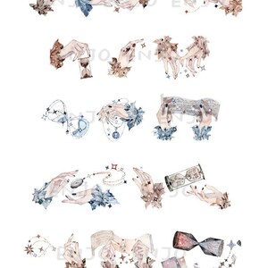 May include: A set of 18 washi tape designs featuring watercolor illustrations of hands holding various time-keeping objects, such as hourglasses, clocks, and keys. The tape is 3 cm wide and 10 meters long. The artist is 野柚neinei.