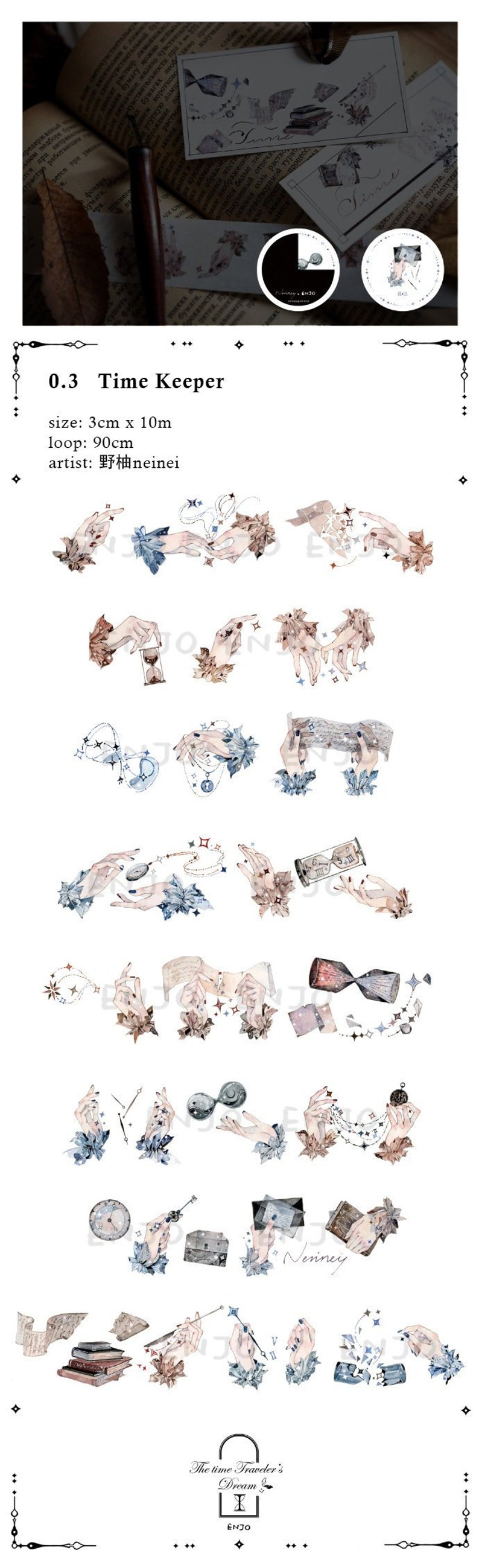 May include: A set of 18 washi tape designs featuring watercolor illustrations of hands holding various time-keeping objects, such as hourglasses, clocks, and keys. The tape is 3 cm wide and 10 meters long. The artist is 野柚neinei.