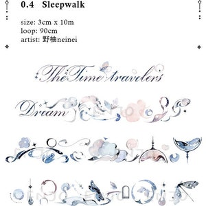 May include: A blue and white washi tape with a watercolor design featuring clouds, stars, and butterflies. The tape is labeled "The Time Traveler's Dream" and "Sleepwalk". The tape is 3 cm wide and 10 meters long.