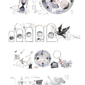 May include: A watercolor illustration of a clock face with roman numerals and stars. The clock face is surrounded by clouds, stars, and a bird. The text "The time Traveler's Dream" is written below the clock face. The text "ENJO" is written below the text "The time Traveler's Dream".