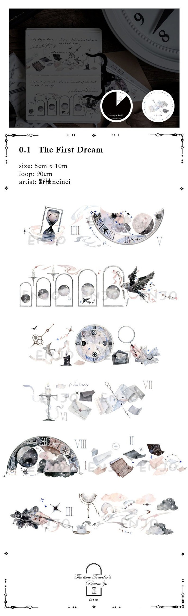 May include: A watercolor illustration of a clock face with roman numerals and stars. The clock face is surrounded by clouds, stars, and a bird. The text "The time Traveler's Dream" is written below the clock face. The text "ENJO" is written below the text "The time Traveler's Dream".