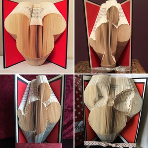 May include: Four book folding art pieces, each with a different design. The designs are Mickey Mouse, Minnie Mouse, a heart, and a flower. The book folding art pieces are all made from old books and are displayed on red and black backgrounds.