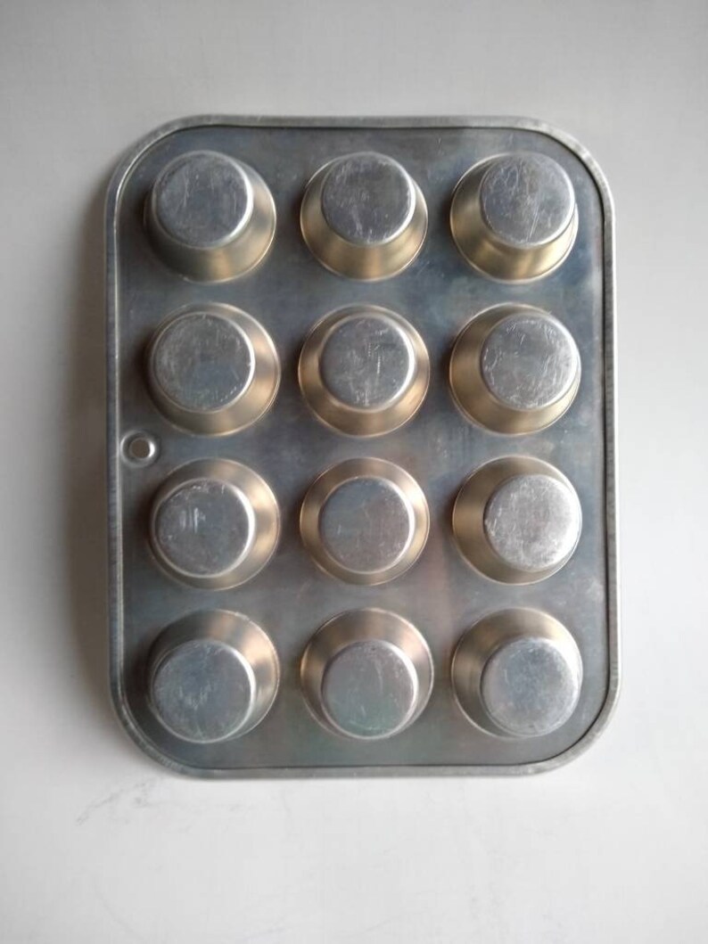 Vintage Mirro Aluminum Mini Muffin Pan Dozen Mini Muffins Pan Repurposed Organizer Vintage Small Aluminum Muffin Pan makes 12