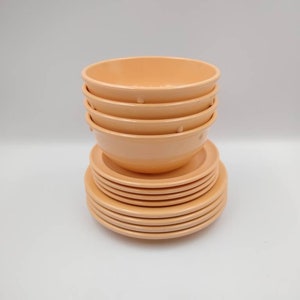 Vintage Prolon Peach Bowls and Plates, Camping Small Plates and Bowls Pink Melamine