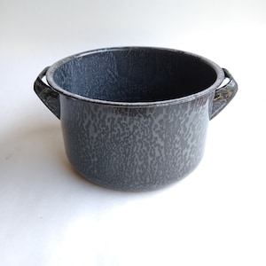 Pote de granito vintage cinza escuro com duas alças, panela/pote de esmalte cinza