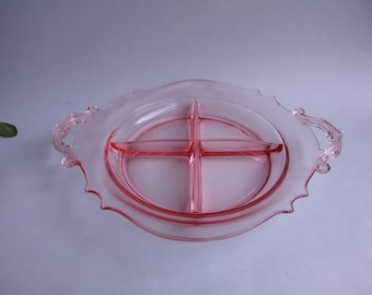 Vintage Pink Depression Glass Appetizer Serving Plate, Antique Pink Glass Divided Dish with Handles Hors d'oeuvres
