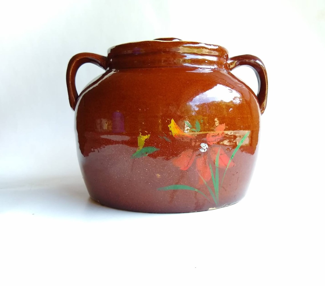Vintage Brown Glazed Bean Pot With Red Flowers Primitive Etsy