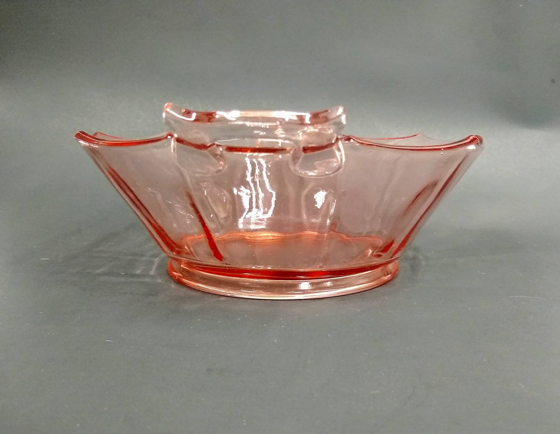 Vintage Pink Depression Glass bowl with Handles and 10 Sides Etsy