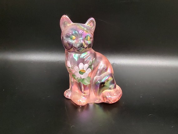 Fenton Cat Pink Iridescent Handpainted Glass Figurine Vintage - Etsy