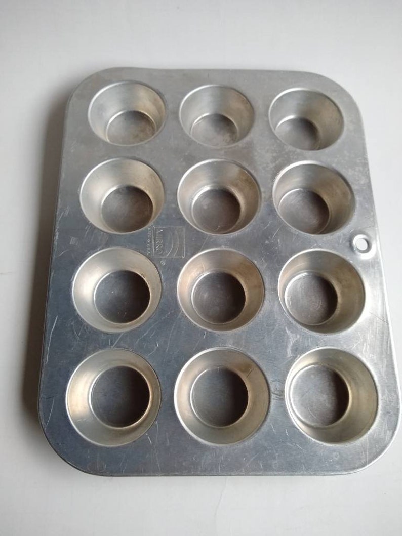 Vintage Mirro Aluminum Mini Muffin Pan Dozen Mini Muffins Pan Repurposed Organizer Vintage Small Aluminum Muffin Pan makes 12