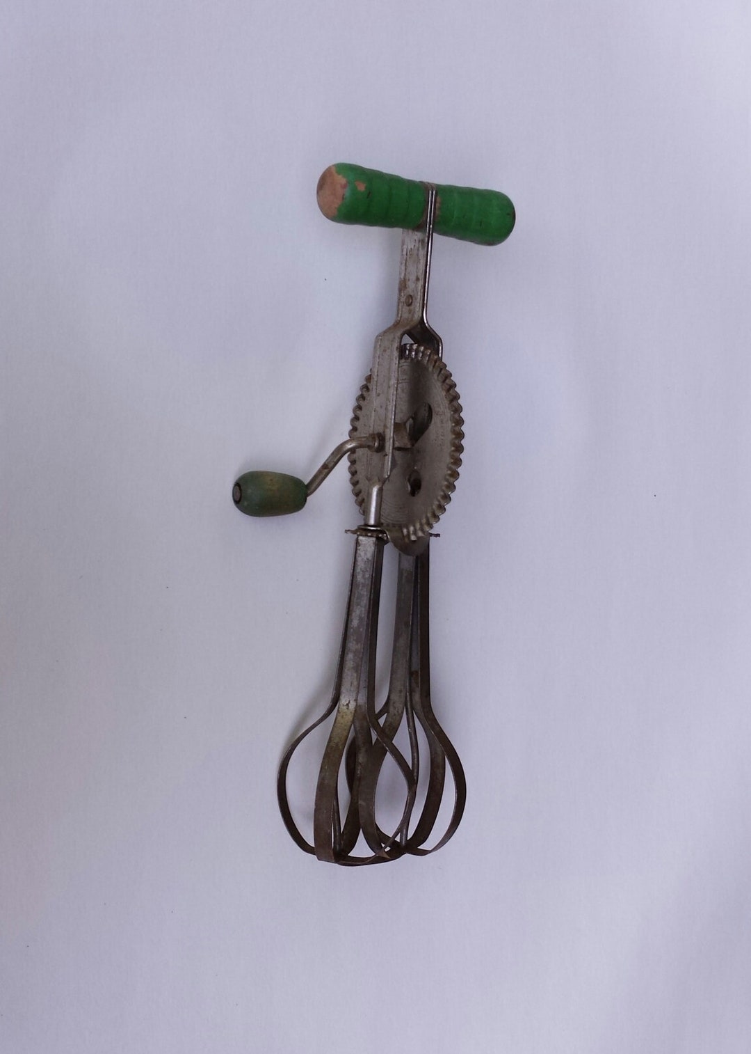 Vintage Egg Beater With Green Wood Handle, High Speed Super Center Drive Beater USA, A & J Hand