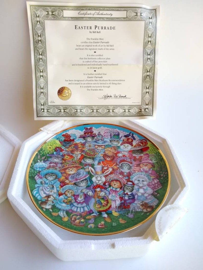 Easter Cats Porcelain Plate Franklin Mint with Certificate of Authenticity Vintage Easter Purrade Heirloom Collector Plate by Bill Bell