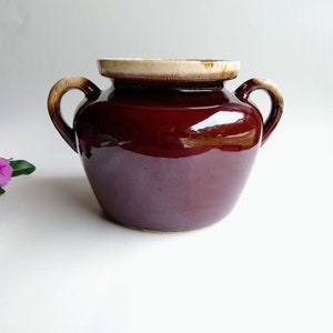 May include: A brown ceramic pot with two handles and a white rim. The pot is glazed and has a shiny finish.