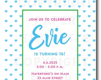 Roller Heart Invitation | Sweet Sixteen,Southern Preppy Invite, Graduation Party, Wedding Shower Bachelorette Celebrations l Sleepover Tween