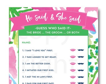 The Lilly Fushia Bridal Shower Game, Bachelorette Party,Southern  Shower Game, He Said She Said Shower Game,Bride and Groom Game, Stag & Hen