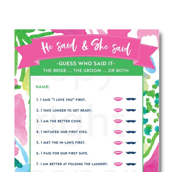 The Lilly Fushia Bridal Shower Game, Bachelorette Party,Southern  Shower Game, He Said She Said Shower Game,Bride and Groom Game, Stag & Hen