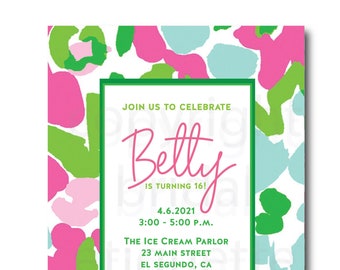 Southern Prep Graduation, Tropic Wedding, Preppy Baby Shower, Lilly Bridal Shower Invite, Lilly Invite Sweet Sixteen, Pink & Green Invite