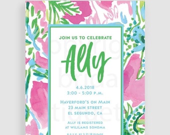 The Lilly Prep Pink Invitation for Sweet Sixteen, Graduation Party, Southern Preppy Style, Bachelorette & Wedding Shower l Sorority Rush